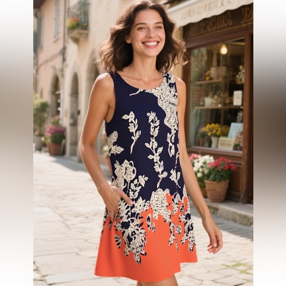 Navy and Orange Floral Dress - XXL